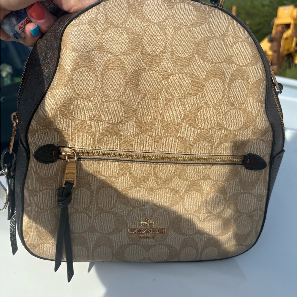 Coach Tan and Black Backpack with Signature Monogram